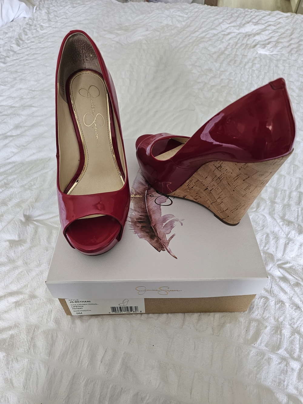 Jessica Simpson BETHANI Red Patent Peep-Toe Cork Wedge Pumps